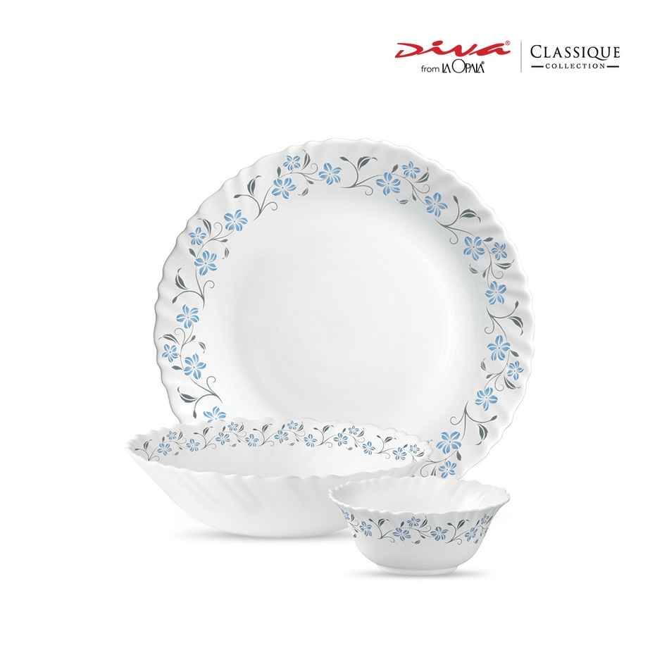 La Opala Diva Classique Dinner Set | Opal Glass Crockery for Dining | 6 Pcs - Grace Blue