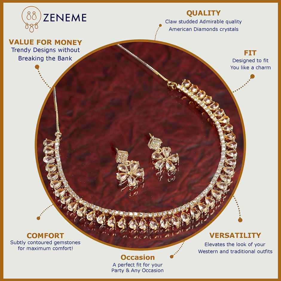 Zeneme Gold-Toned & Plated American Diamond Studded Jewellery Set For Women & Girls