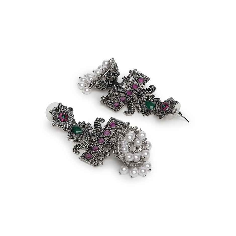 Aatmana Pink & Green Oxidised Silver-Plated German Silver Stone Studded & Beaded Jhumkas