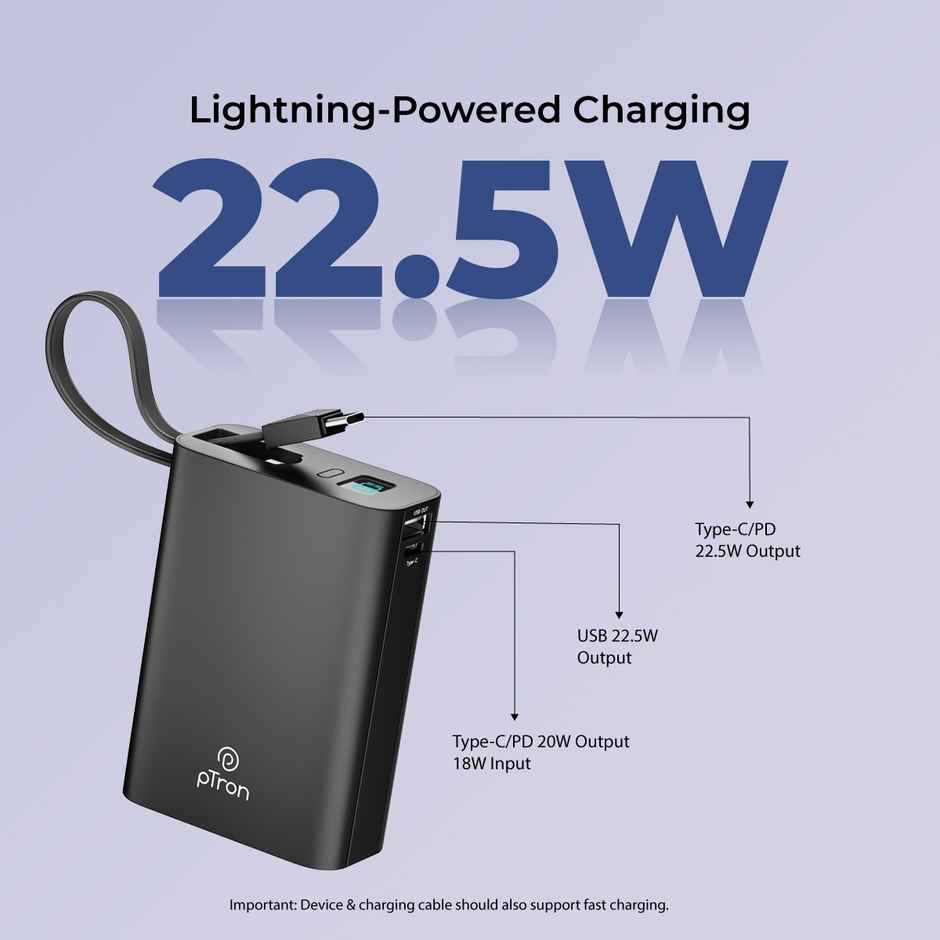 pTron Dynamo Uliterima 20000 mAh Nano Power Bank With 22.5W Superfast Charging | Type-C/Pd - Black