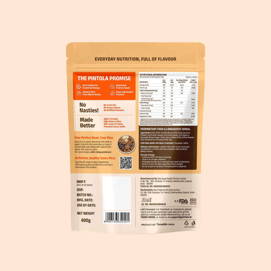Pintola 26g High Protein Oats | Caffe Mocha - No Refined Sugar - With Almonds & Raisins