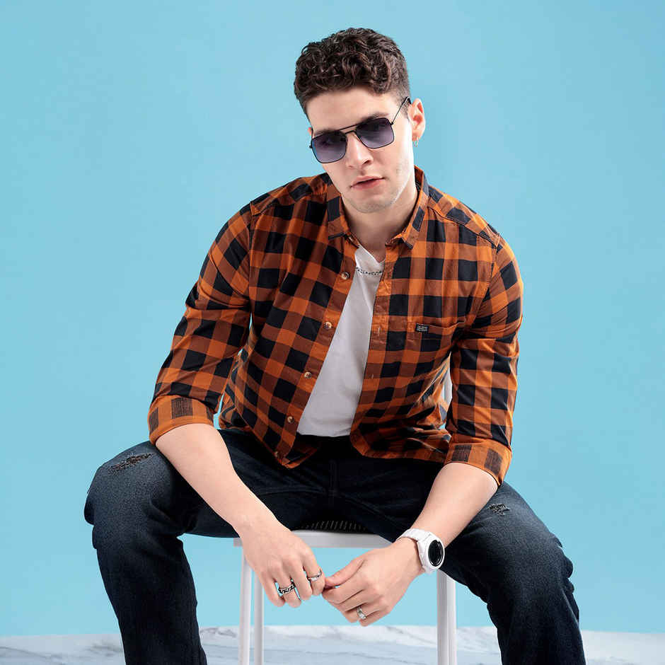 The Indian Garage Co Men's Slim Fit Checkered Casual Shirt | Mustard - S