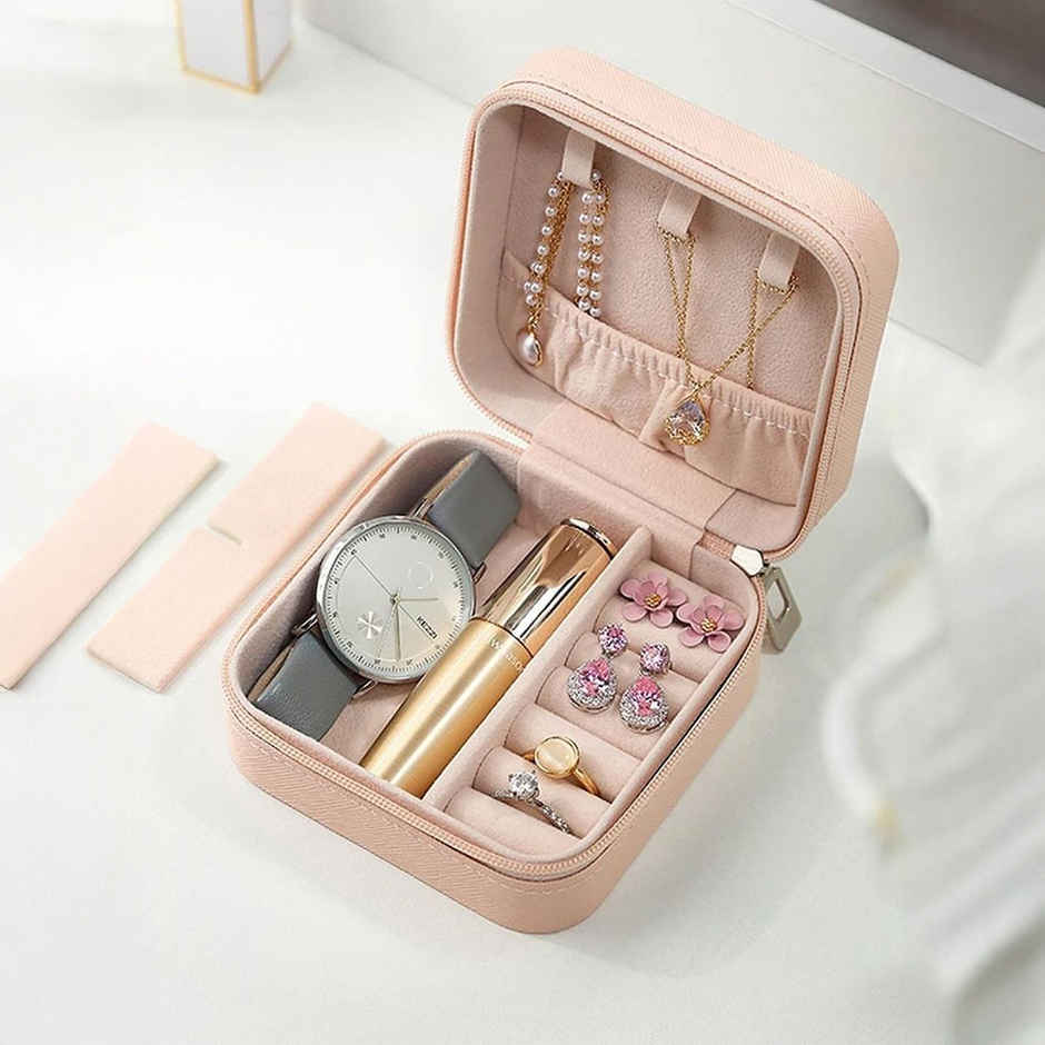 YouBella Jewellery Organiser PU Leather Zipper Portable Storage Box Case (Style 1) - Pink