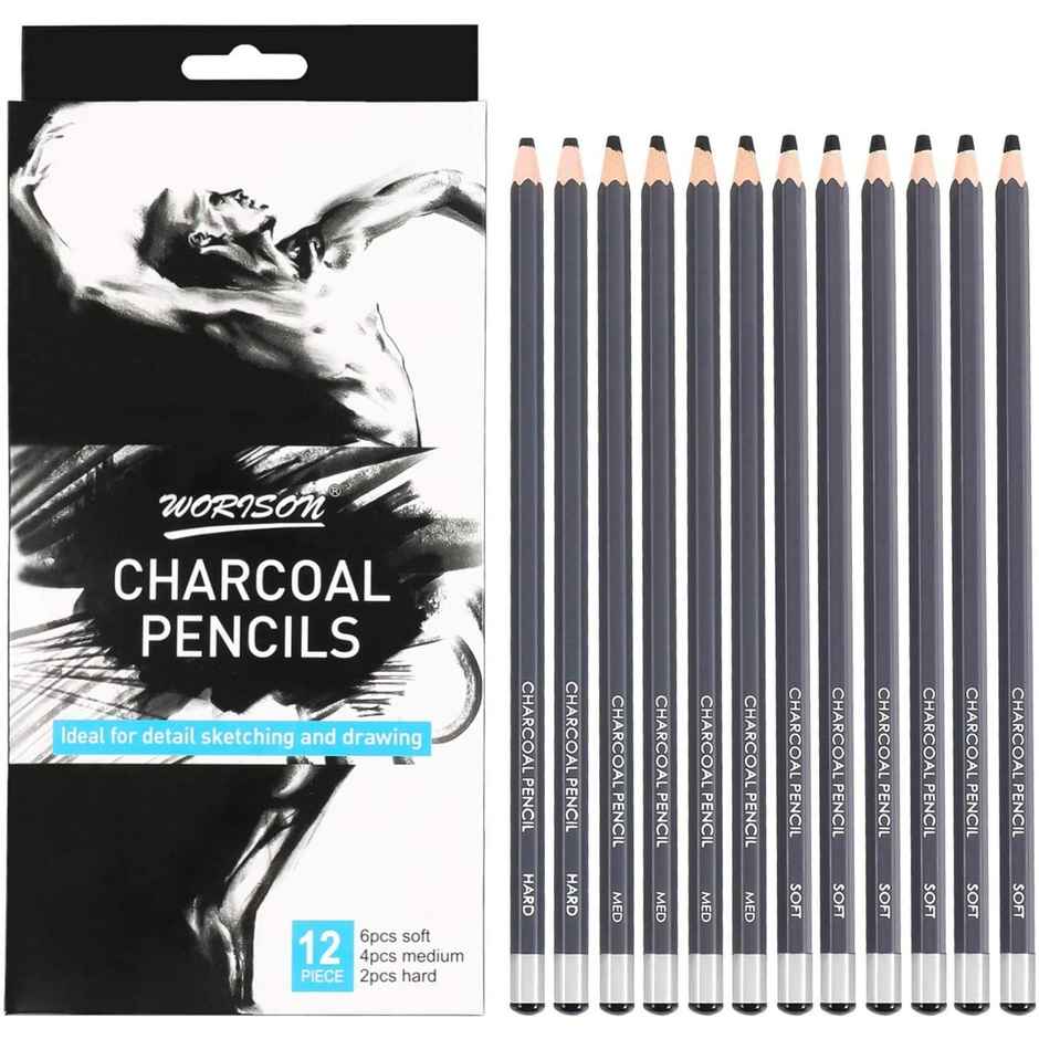 Chrome Professional Charcoal Pencils Drawing Set | 12 Pieces Soft Medium Pencils For Drawing