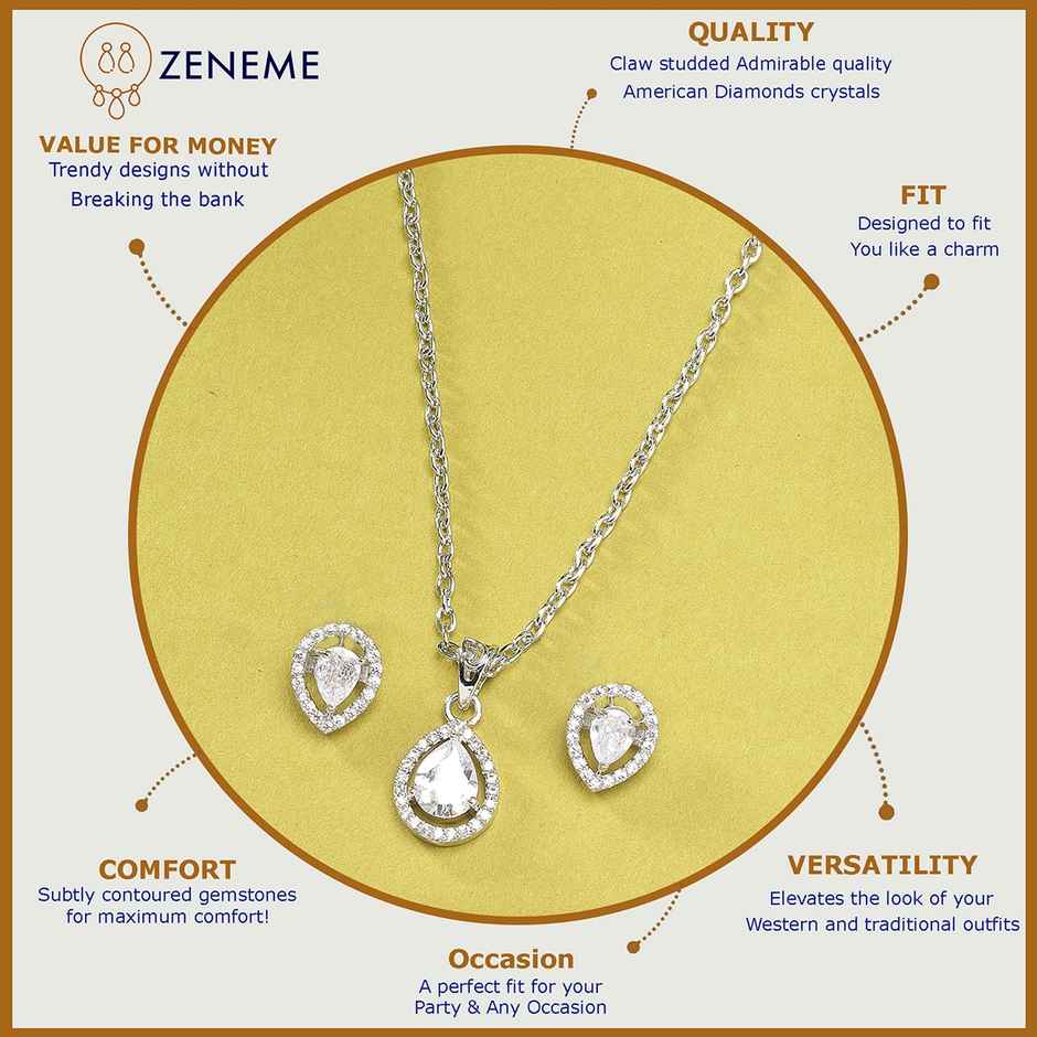 Zeneme Rhodium-Plated American Diamond Studded Tear Drop Shaped Necklace Earrings For Women & Girls