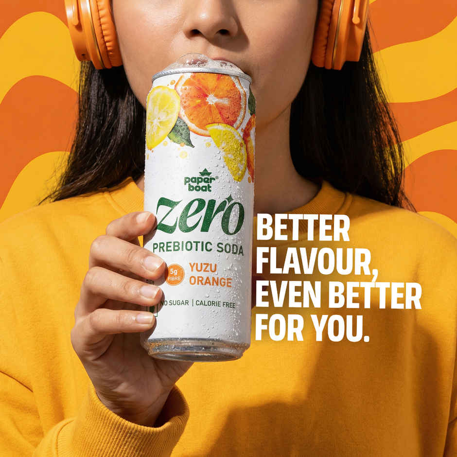 Paper Boat Zero Prebiotic Soda Yuzu Orange, 5g Fibre, Caffeinated Sugar Free Cold Drink