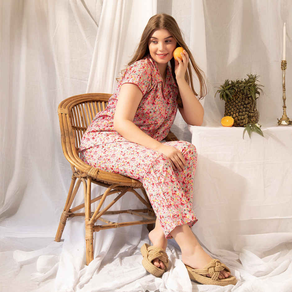 Clovia Print Me Pretty Button Down Shirt & Pyjama Set - Cotton Rich(Pink - M)