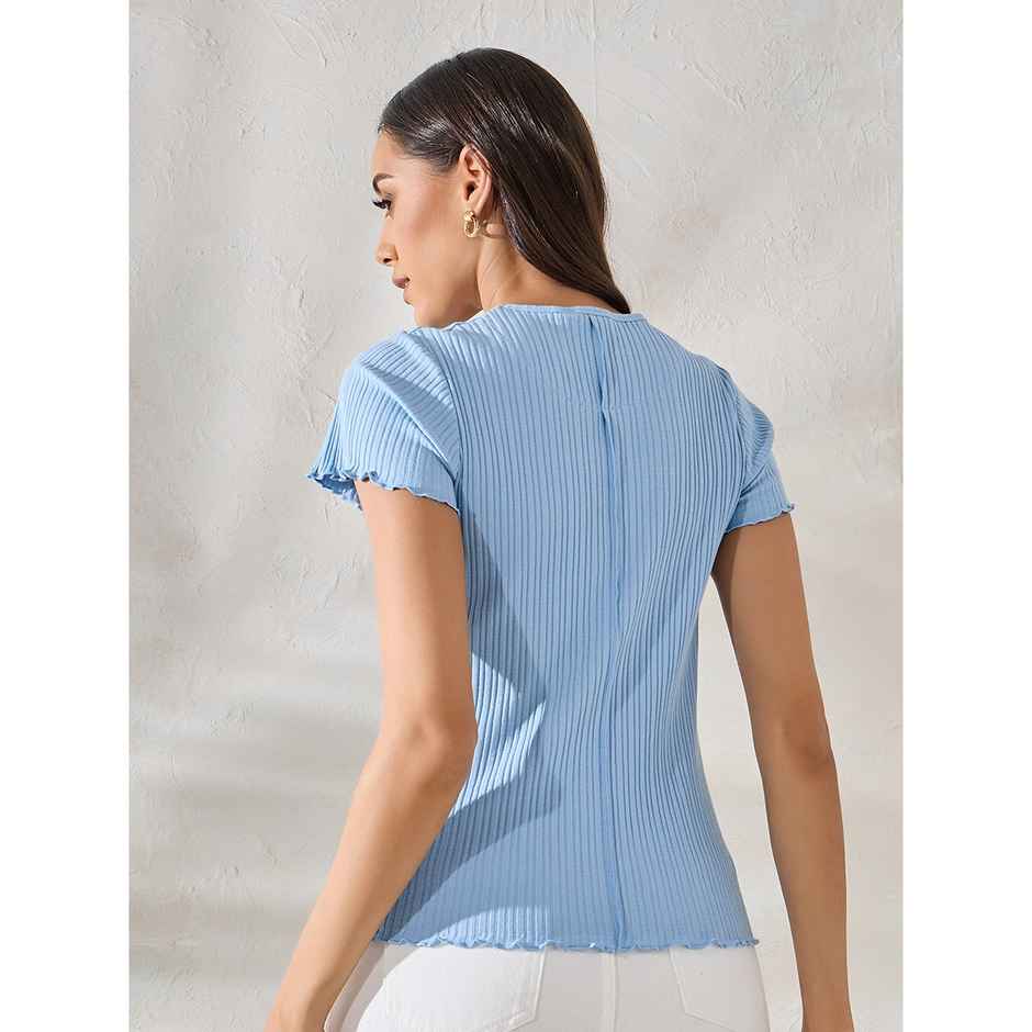 Styli Women Regular Fit Crop Length Exposed Seam Overlock Tops | Blue | M