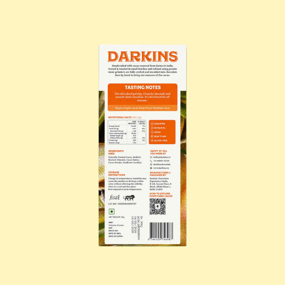 Darkins Sugar Free Dark Chocolate 70% | Almond Crunch