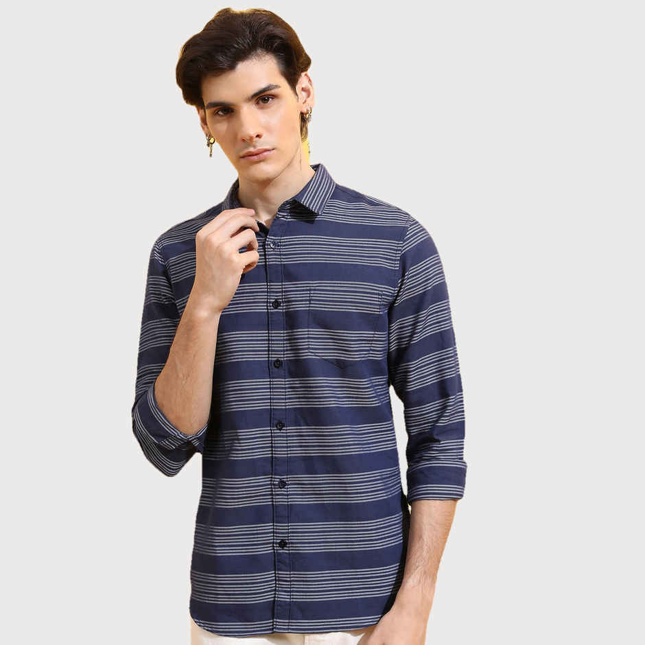 Ketch Men Slim Fit Striped Spread Collar Casual Shirt | Blue | L