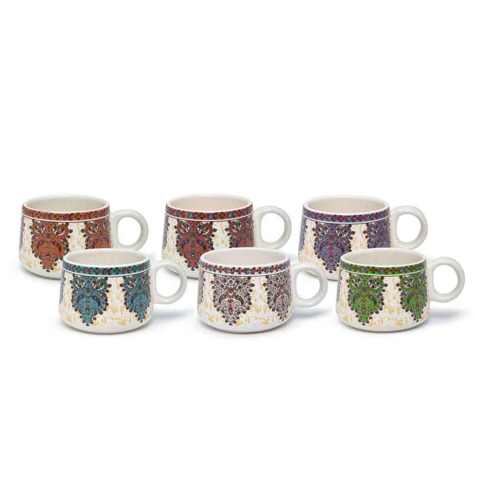 Roxx Mystic Ceramic Tea Set | 150ml x 6 Cups + 1 Pot | Mystic Bloom | Durable | Multicolour