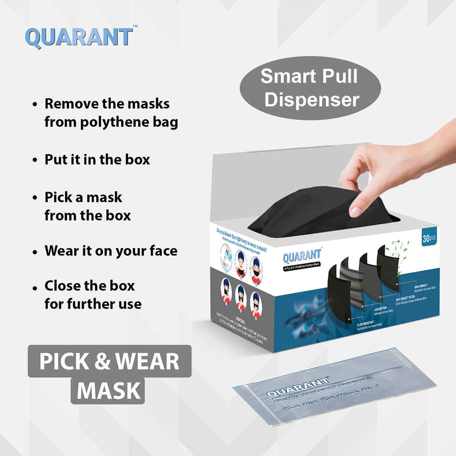 Quarant 4 Ply Anti Pollution Activated Carbon Face Mask | Nose Pin and Reusable Travel Pouch | Black