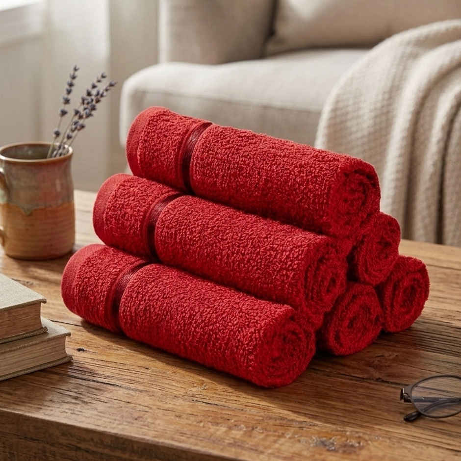 Story@Home 100% Cotton 450 6 Piece Face Towel Wine Red Solid