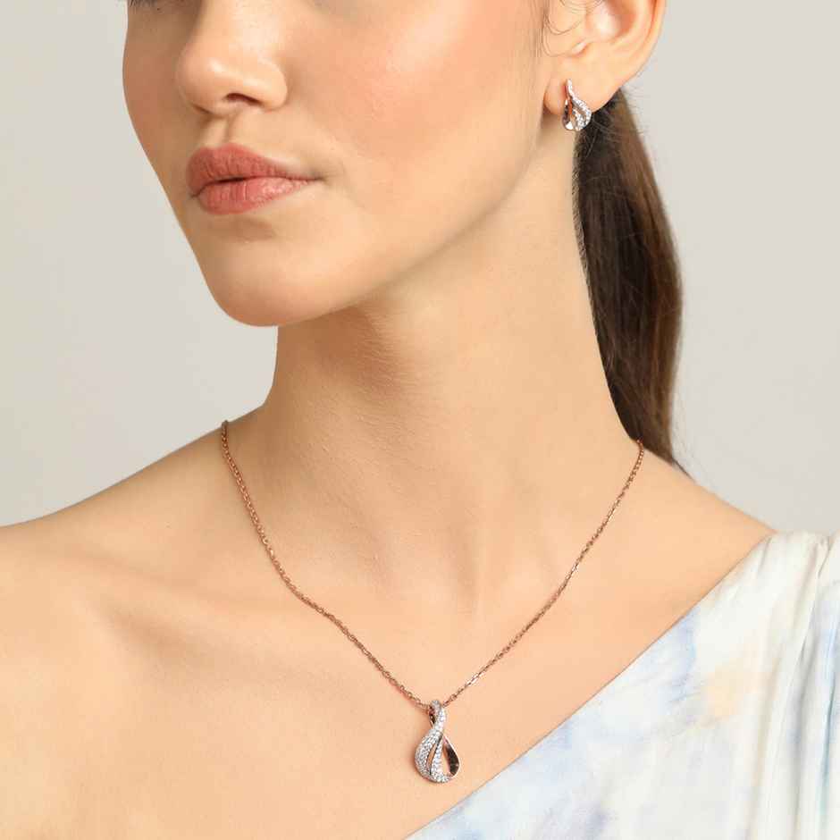 Clara 925 Sterling Silver Agda Pendant Earring Chain Jewellery Set | Rose Gold Rhodium Plated