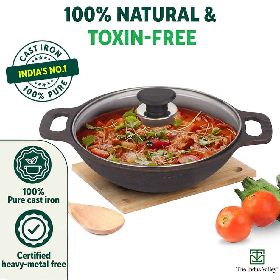 The Indus Valley Super Smooth Cast Iron Kadai with Glass Lid 10.2Inch/26 cm, 2.5Ltr, 2.4kg