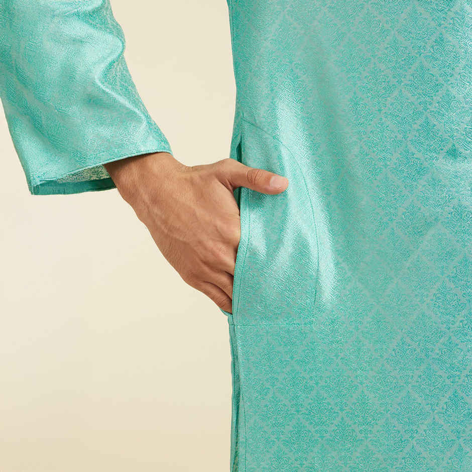 Diwas By Manyavar Green Art Silk Thread Work Self Design Kurta Set | L