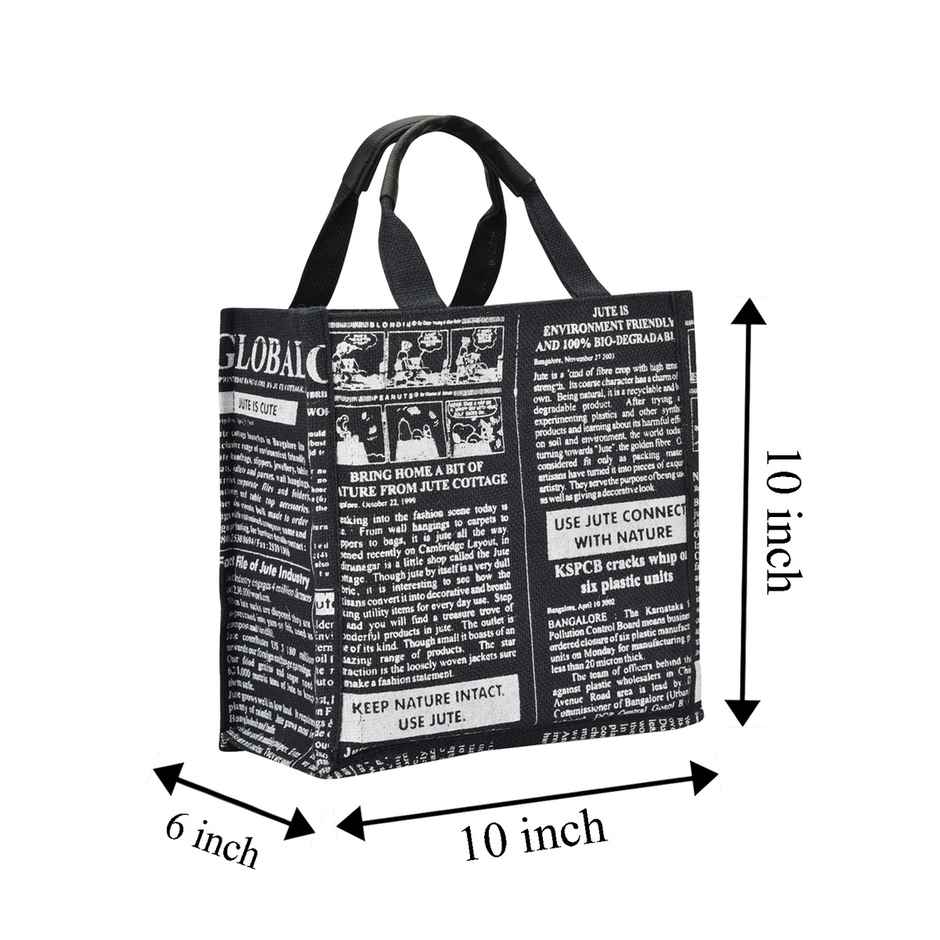 Jute Cottage Carry Bag - Small Lunch Bag | Eco-friendly | Stylish | Global | | Black | 10 x 10 x 6