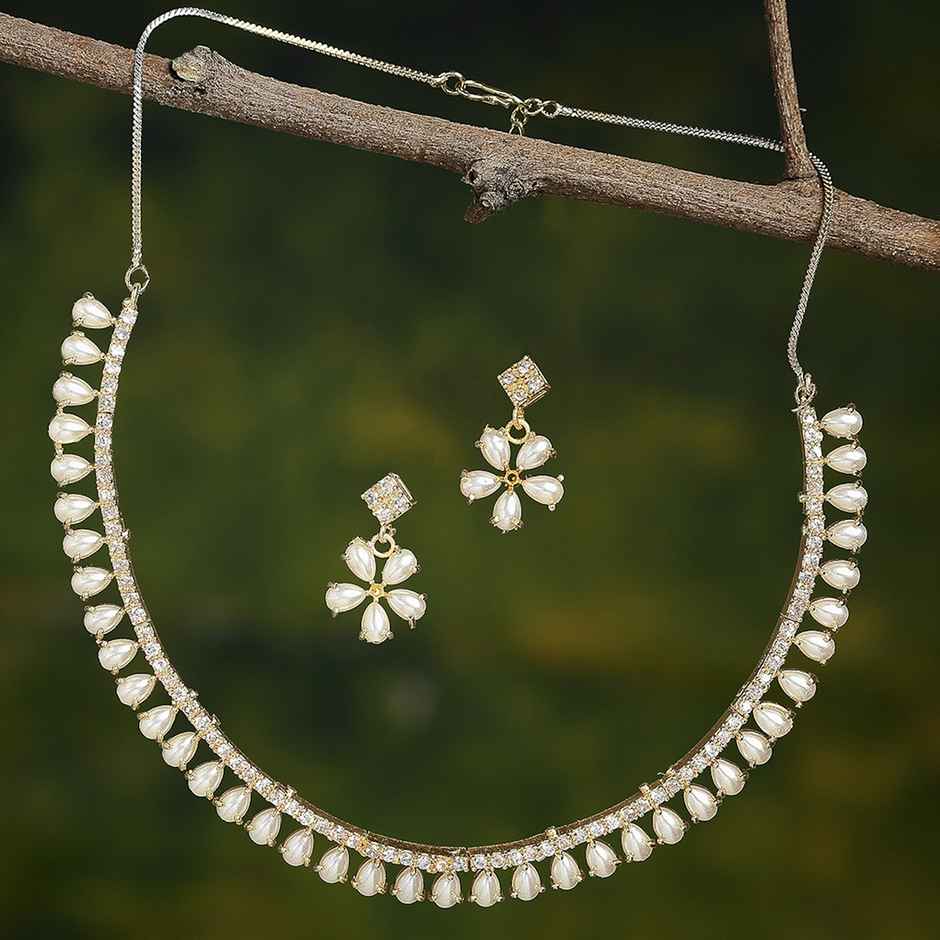 Zeneme White & Gold-Toned Gold-Plated AD-Studded Jewelry Set For Women & Girls