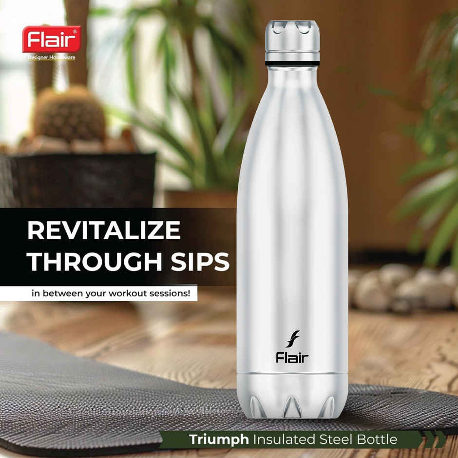 Flair Thermosteel Triumph | 1 L | Insulated Bottle | Silver & Black | Keeps Drinks Hot For 12 Hours
