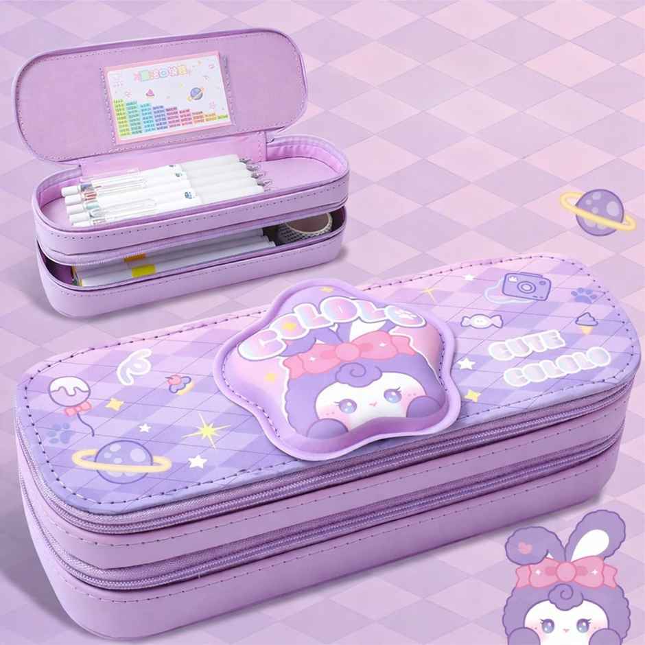Fablue Adorable Cartoon Pencil Box with Zipper | Large Capacity Organizer | Lavender