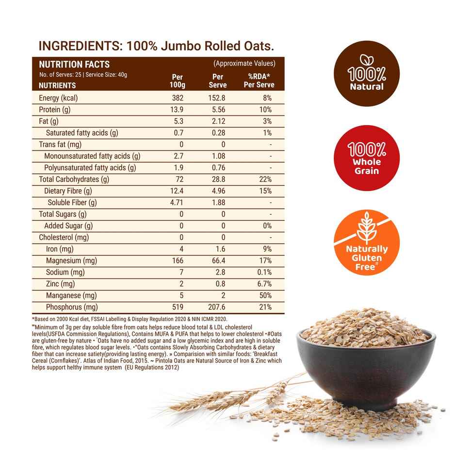 Pintola Oats 100% Jumbo Rolled Oats, Wholegrain, Gluten Free, High Fibre & Protein, Nutritious
