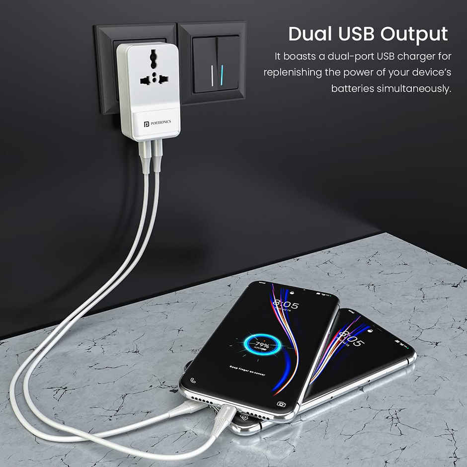 Portronics Adapto III - Dual USB Charger with AC Socket | White
