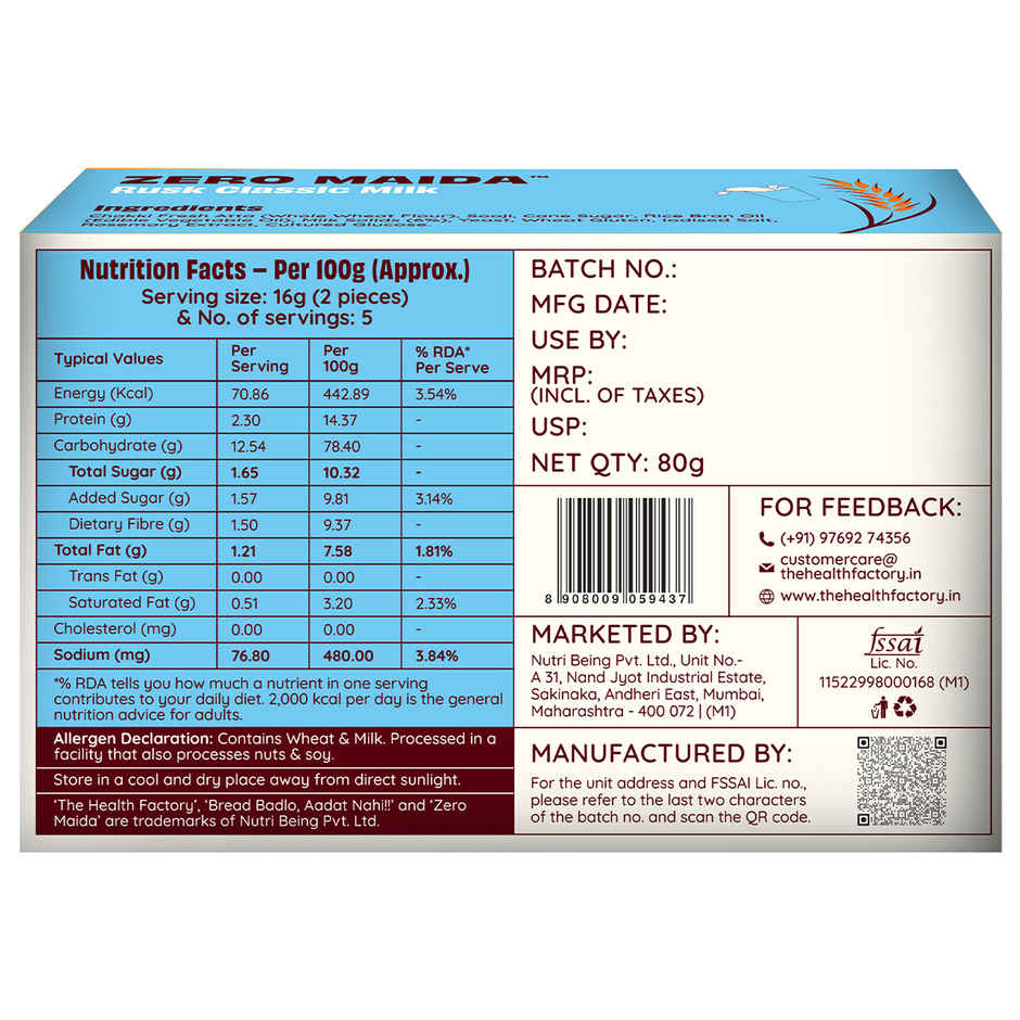 The Health Factory Milk Rusk | Zero Maida