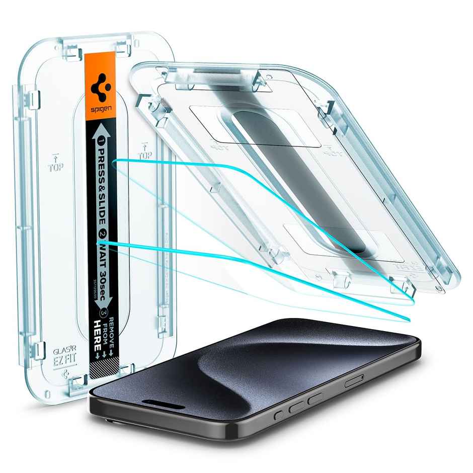 Spigen Ez Fit Tempered Glass Screen Protector Guard For Iphone 15 Pro Smartphone - 2 Pack