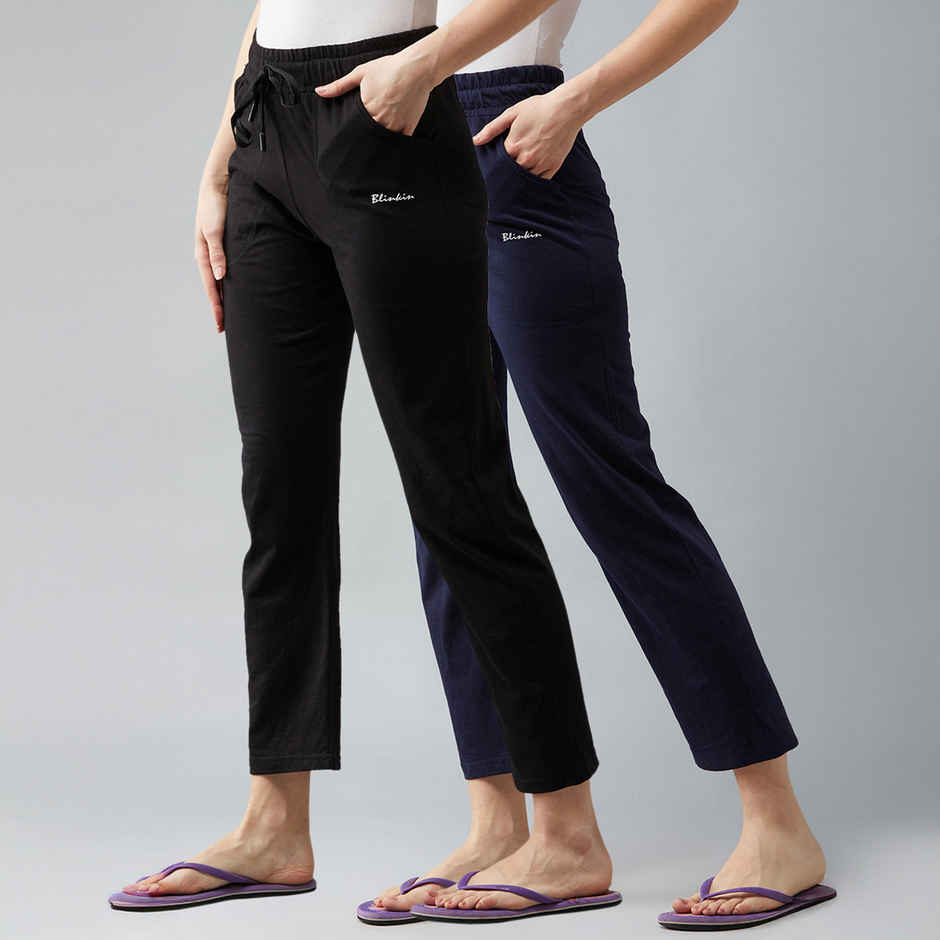 Blinkin Women's Cotton Track Pants With Side Pockets | Black Navy - L