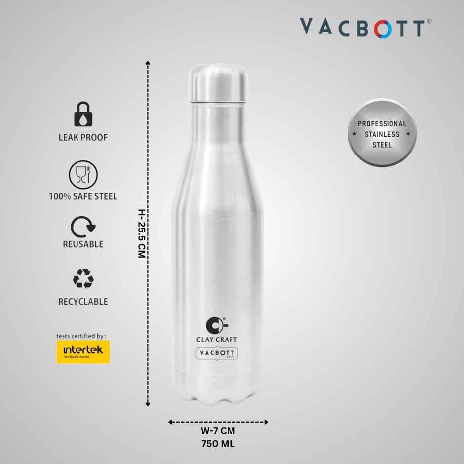 Clay Craft Vacbott Carbon Single Walled Non Insulated Water Bottle | 750 ml | Silver