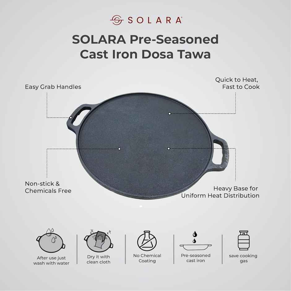 Solara Pre Seasoned Cast Iron Tawa For Dosa 12" Inch(30 Cm), 100% Pure And Toxin-Free Tawa