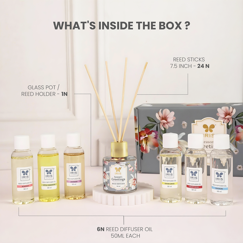 IRIS Reed Diffuser Gift Pack With 6 Assorted Oils And Reed Sticks