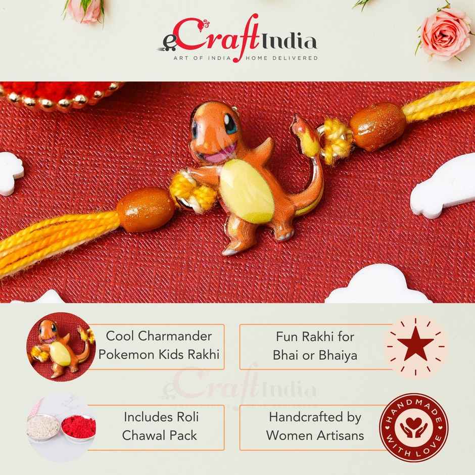 Kids Charmander Pokemon Rakhi for Bhai, Bhaiya with Roli Chawal Pack (eCraftIndia)