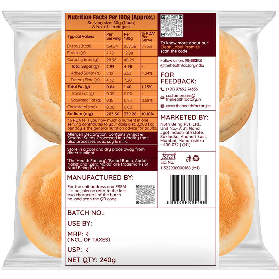 The Health Factory Zero Maida Burger Bun (Pack Of 4) | Clean Label, Not Brown