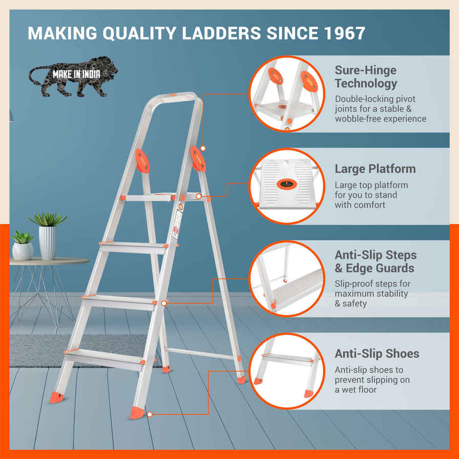 Bathla 4-Step Aluminium Foldable Ladder | Anti-Slip,Heavy Duty,Scratch Resistant | Advance | Orange
