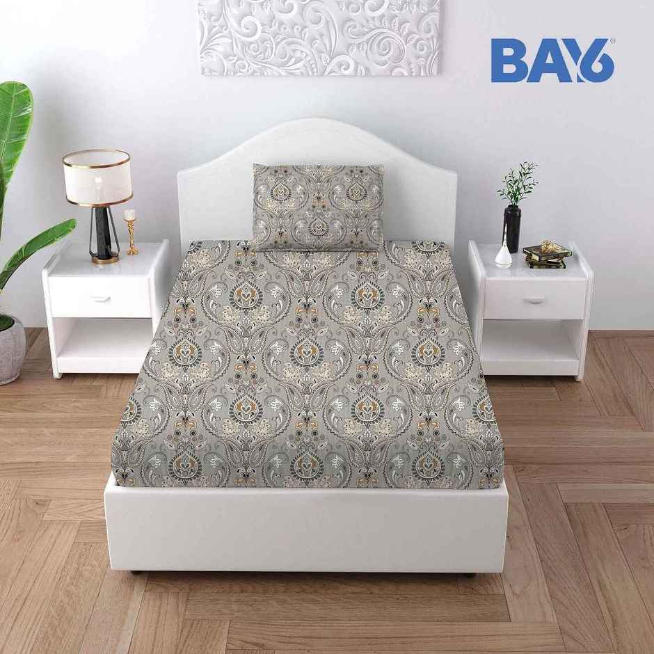 BAY6 Single Microfibre Ethnic Bedsheet | With Pillow Cover | Grey & Beige | 59 x 87 in
