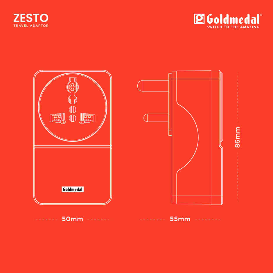 Gold Medal Zesto Travel Adapter with Universal Socket & Dual Port USB- A  | 3-Pin Socket | Multiplug Adapter For Travel, Home & Office