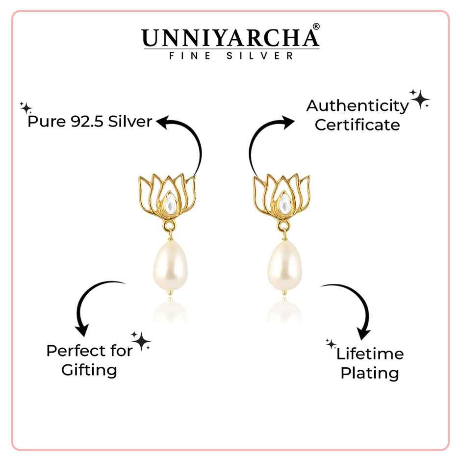 Unniyarcha 92.5 Silver Gold-plated Pearl Drop Lotus Earrings