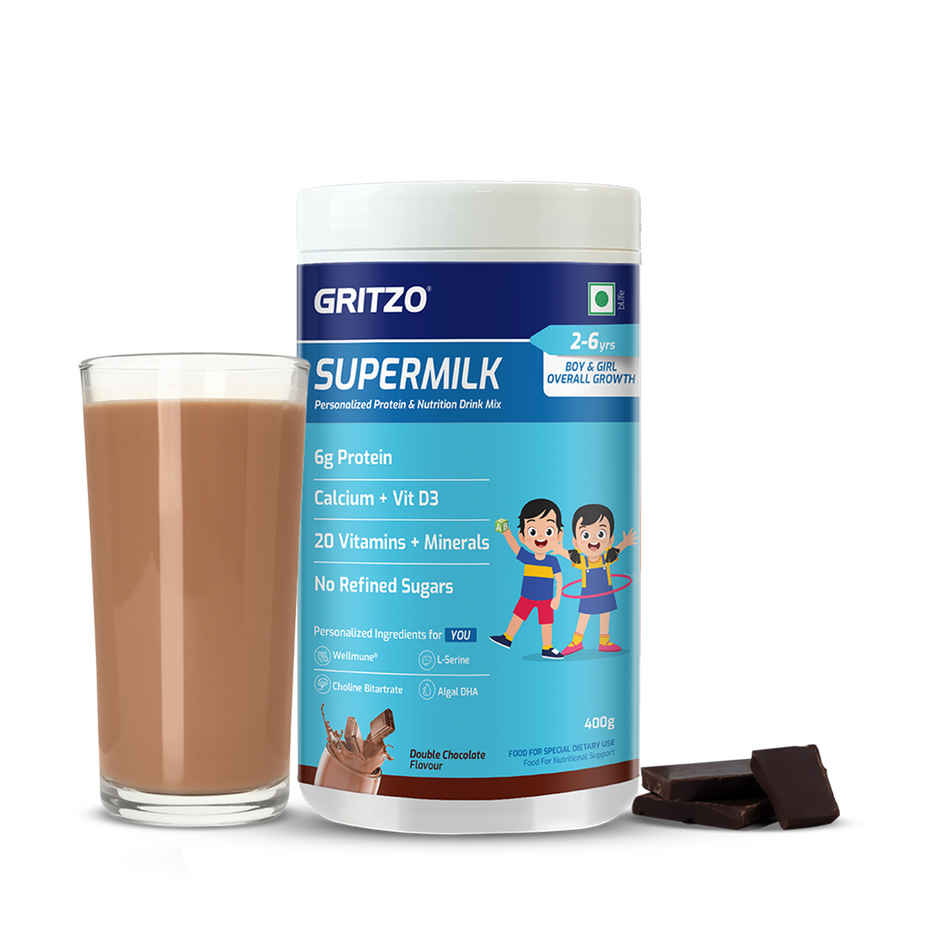 Gritzo SuperMilk Overall Growth | 2-6y Boy & Girl | 6g Protein Powder | Double Chocolate