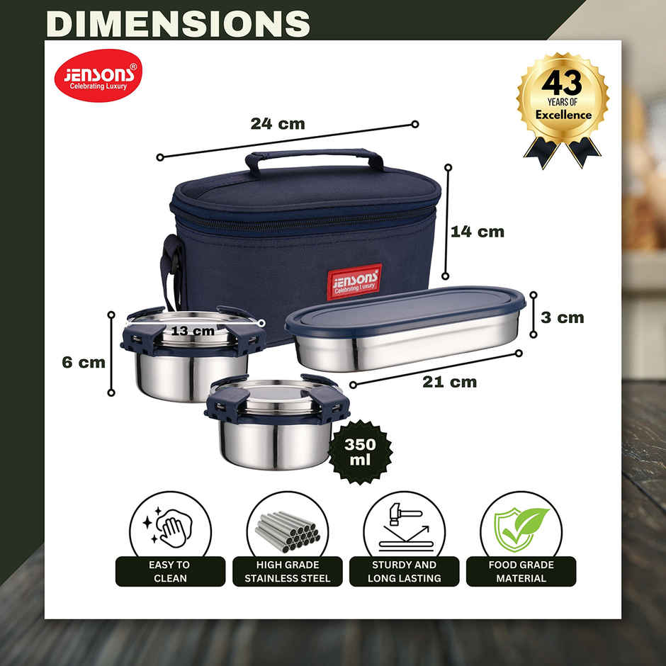 Jensons Stainless Steel Quade Meal 3 Lunch Box 350ml x 2 and 450ml x 1