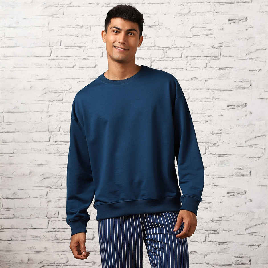 Nobero Men's Oversized Solid Sweatshirt | Navy Blue - XL