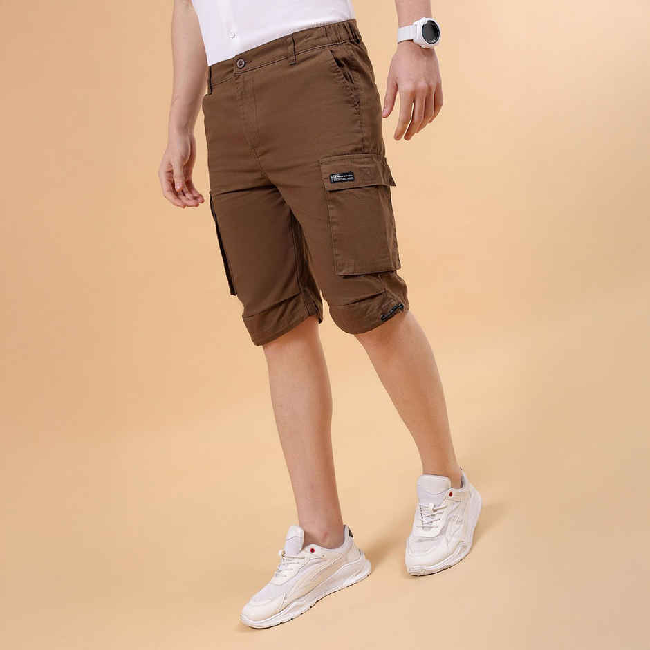 The Indian Garage Co Men Casual Coffee Brown Solid Cargo Parachute Shorts - 36 | 1022-Rpscrgsrt-12