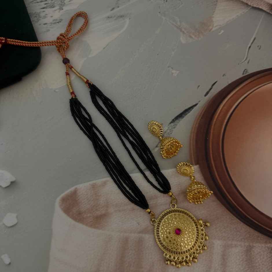 The Opal Factory Mangalsutra Black Beads with Jhumki Earrings and Round Kundan Pendant | Gold