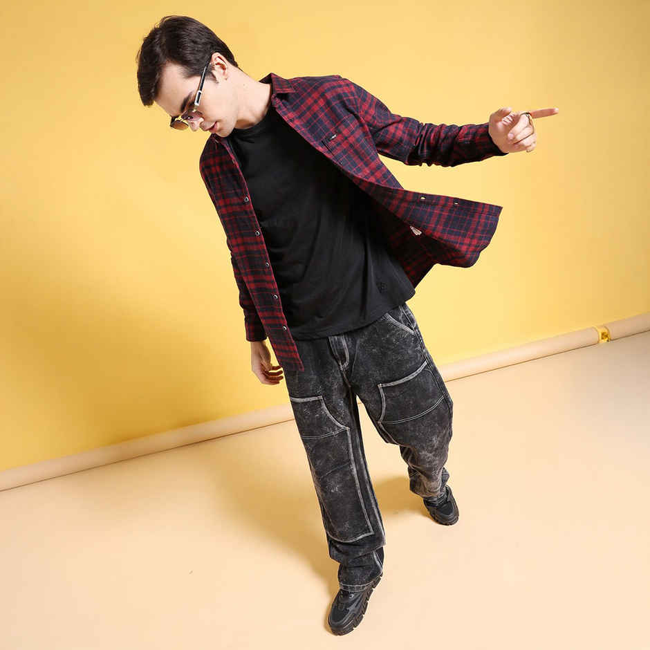 The Indian Garage Co Men's Slim Fit Checkered Casual Shirt | Navy Blue - XL