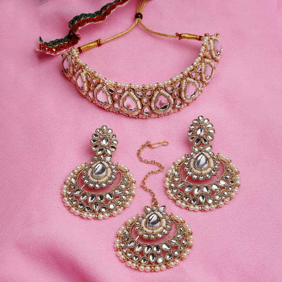 Sukkhi Fashionable Gold Plated White Kundan & Beads Studded Choker Necklace Set