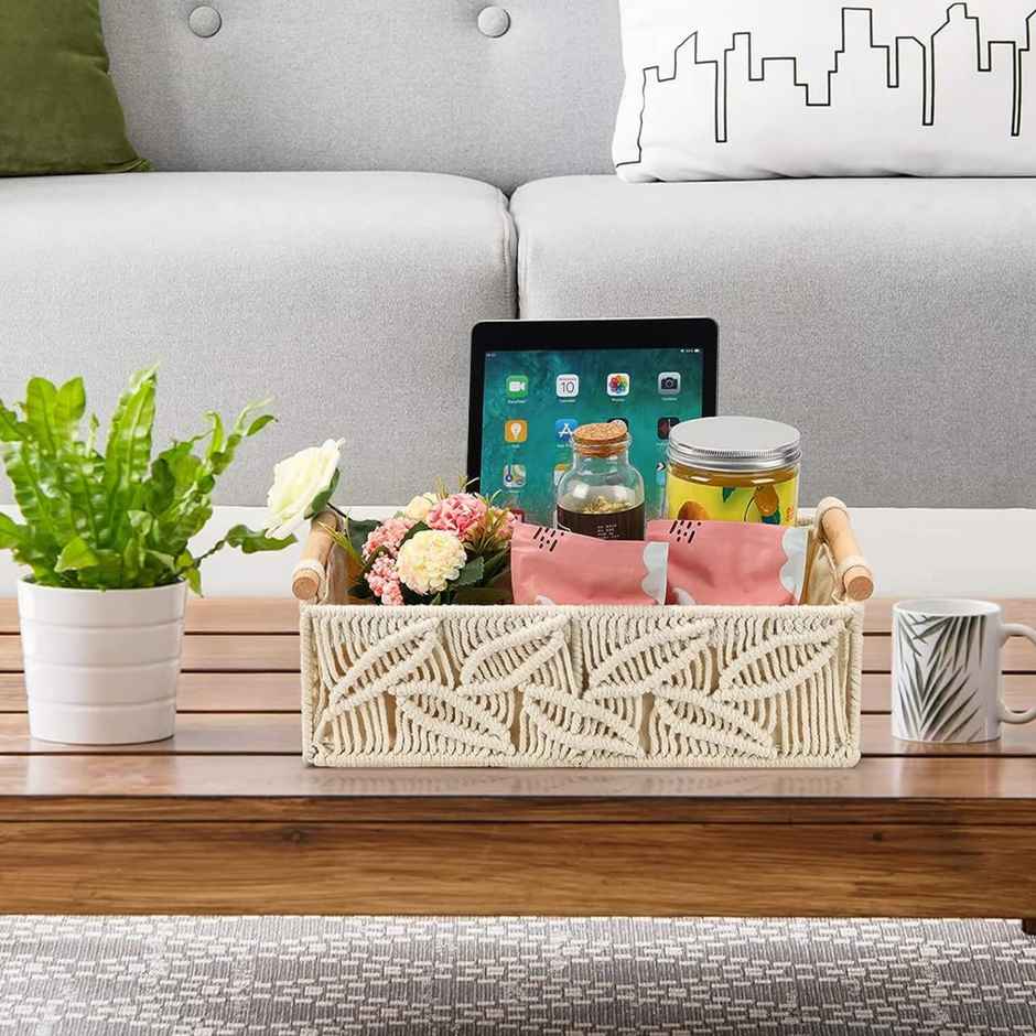 CasaCraft Pepperfry Leaf Macrame Set of 2 OffWhite Cotton Rope Organizer Baskets with Wooden Handle