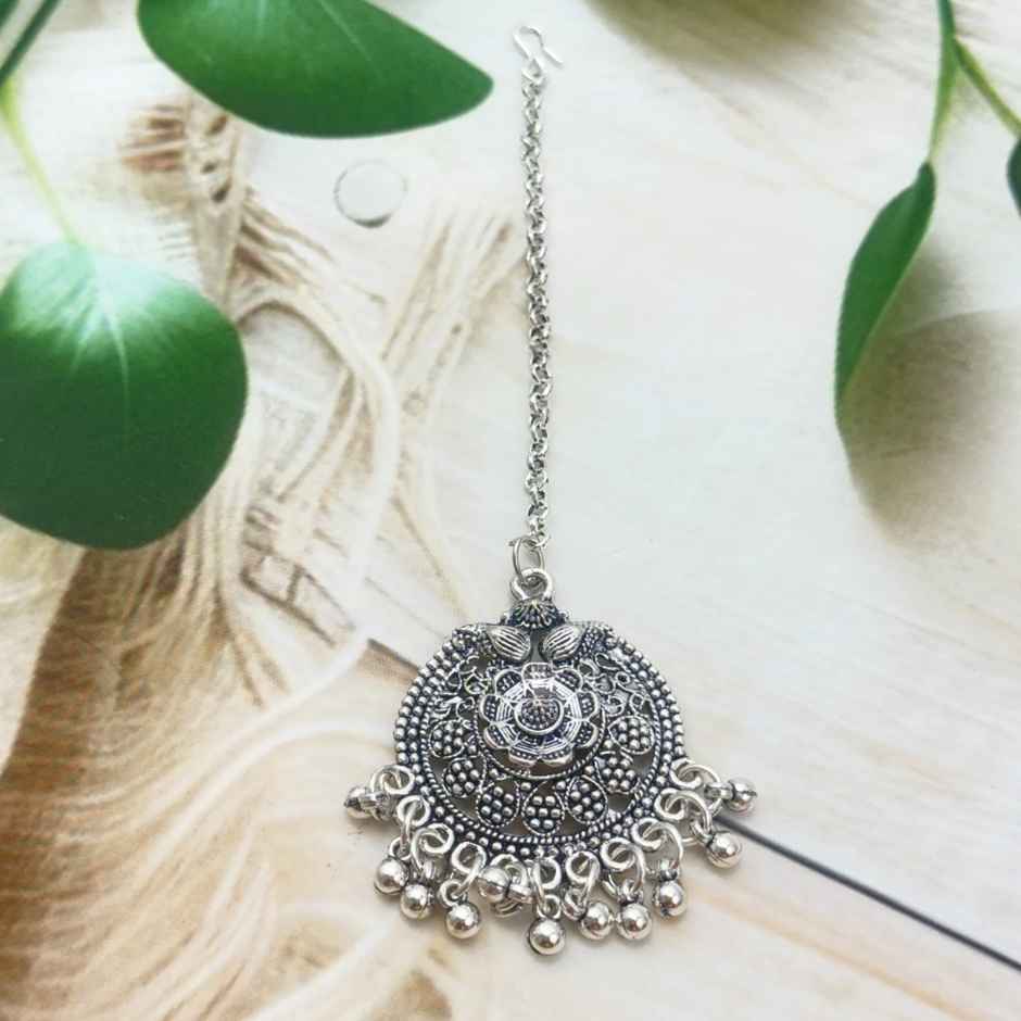 The Opal Factory | Oxidised Jewelry | Round Teeka with Silver Moti | Silver