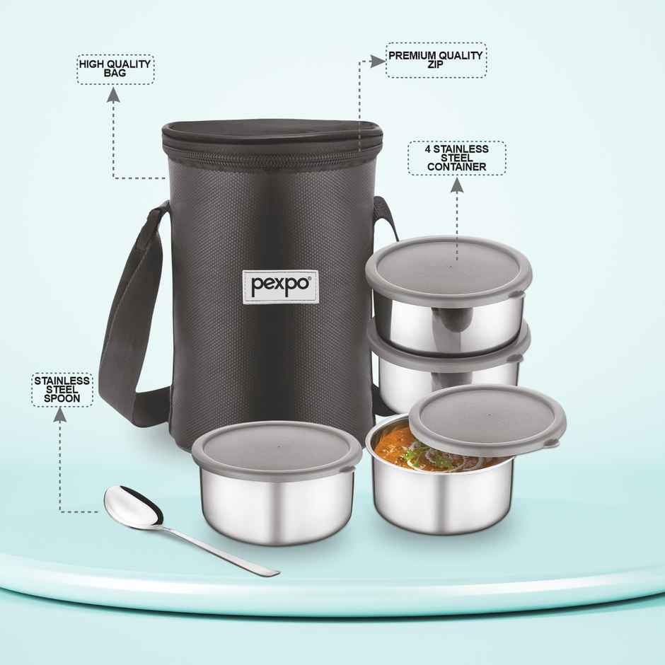 Pexpo Stainless Steel Lunch Box With 4 Air-Tight Containers, 1 Spoon & Bag, Eco Pro 4