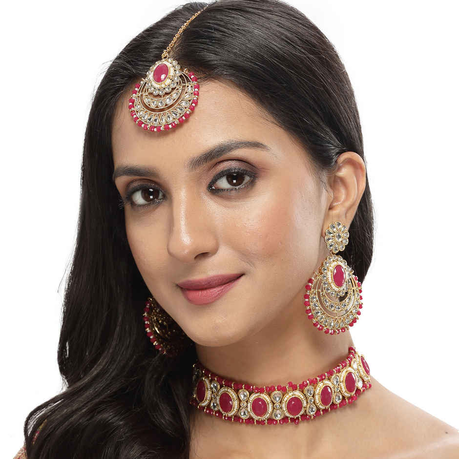 Sukkhi Affordable Gold Plated Rani Pink Stone & Beads Studded Choker Necklace Set