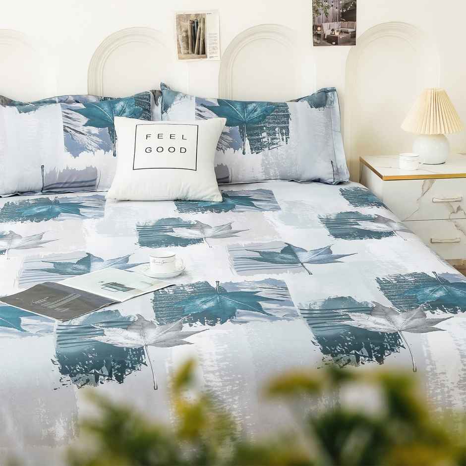 Story@home 240 TC Microfiber Double Printed Flat Bedsheet White & Grey | Floral